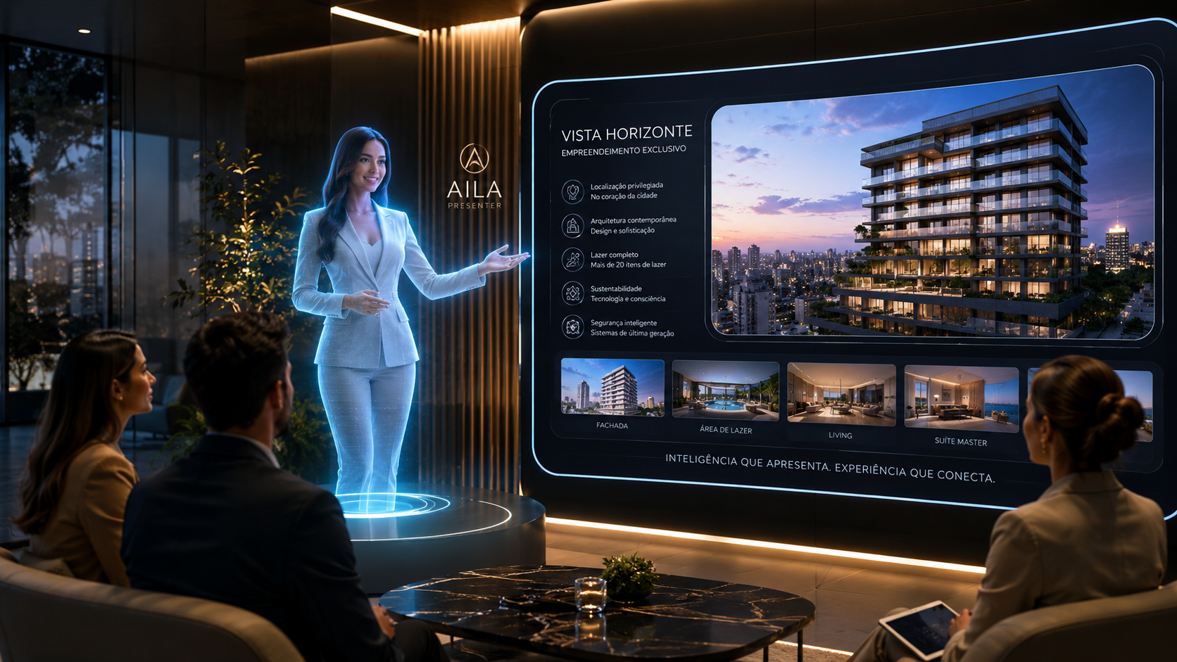 Aila Presenter apresentando empreendimento, produto ou roteiro institucional em ambiente premium
